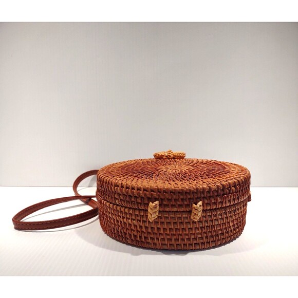 Boho Purse Round Wicker Rattan Handwoven Shoulder Bag Crossbody Circle - Picture 4 of 7